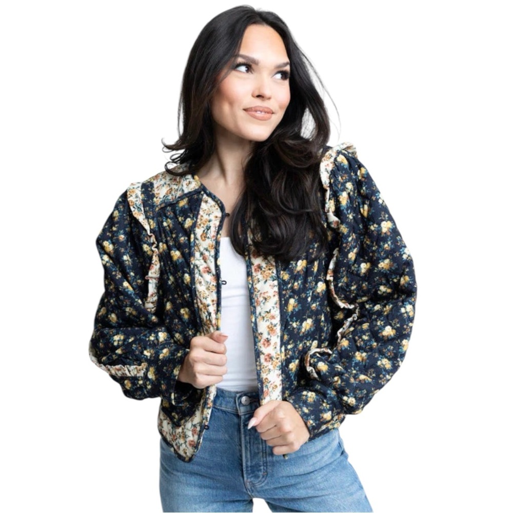 Karlie Women's Large Ditsy Floral Corduroy Tapestry Quilted Ruffled Jacket Coat